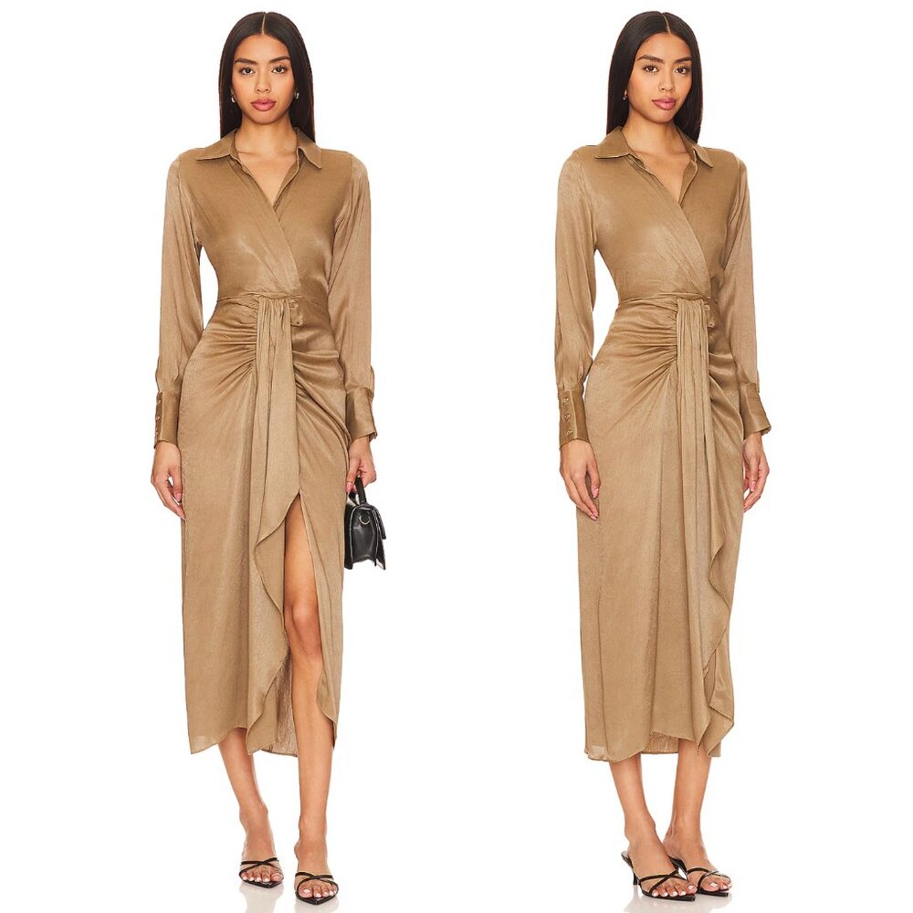 NEW Karina Grimaldi Willow Midi Dress in Mocha Light Brown Long Sleeve Large L